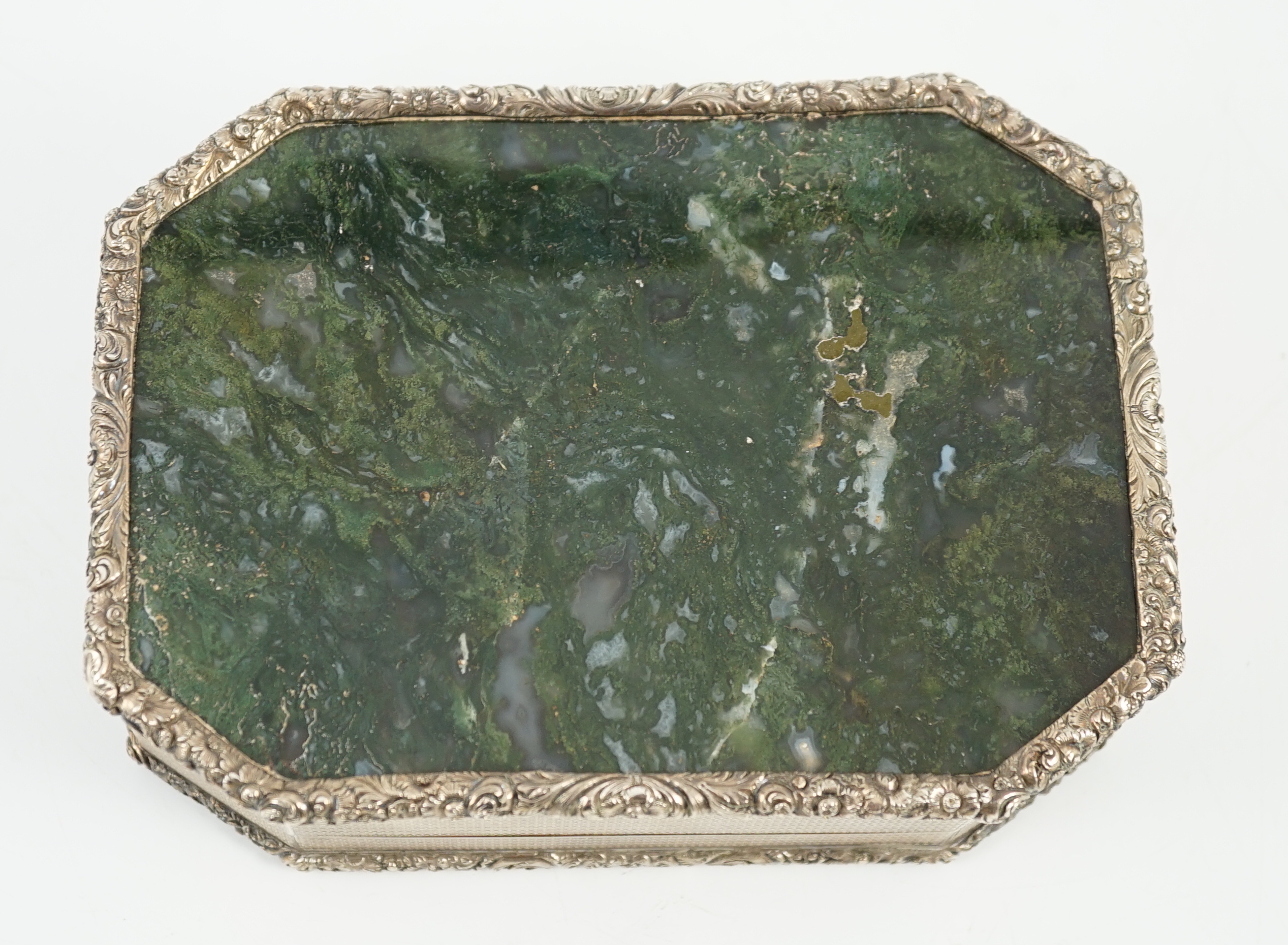 An early Victorian engine turned silver and inset moss agate box and cover, by Sampson Mordan I